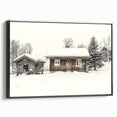 Black and white landscape art painting on framed canvas depicting a winter scene, suitable for bedroom wall decor.