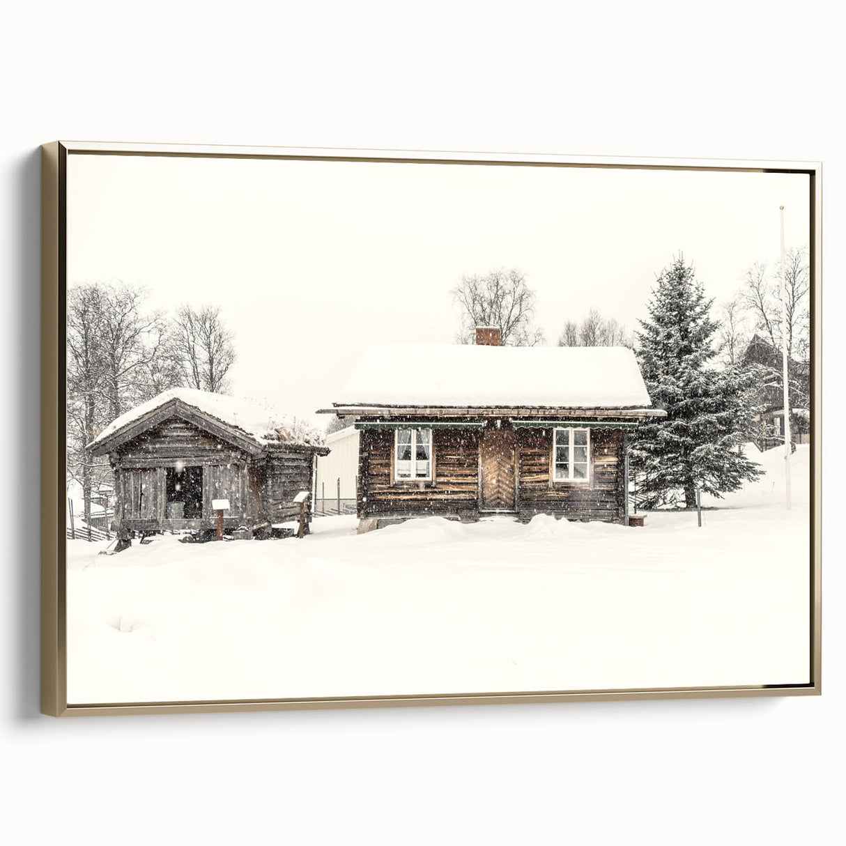 Winter landscape painting on framed canvas with muted white and black tones, suitable for bedroom wall art.