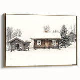 Winter landscape painting on framed canvas with muted white and black tones, suitable for bedroom wall art.
