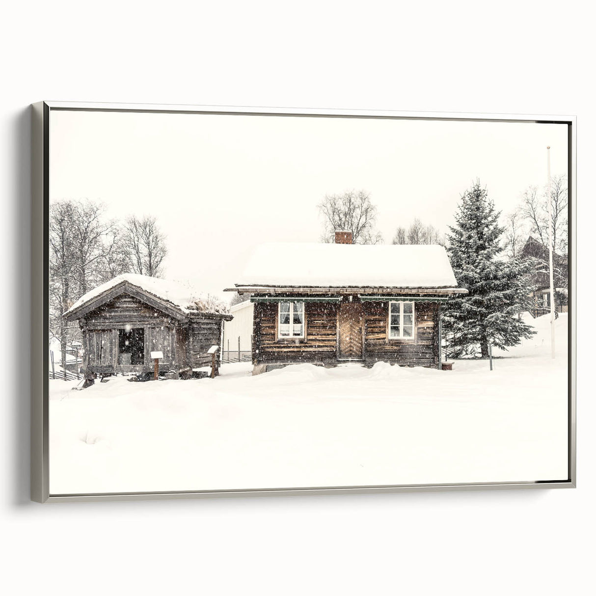Winter landscape art painting on framed canvas, featuring muted blues and whites, ideal for living room decor.
