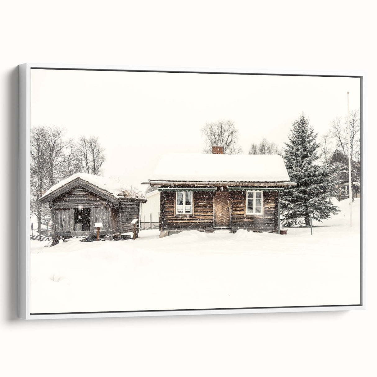 Vintage poster art of a winter scene on framed canvas, featuring muted blue and white tones, ideal for living room decor.