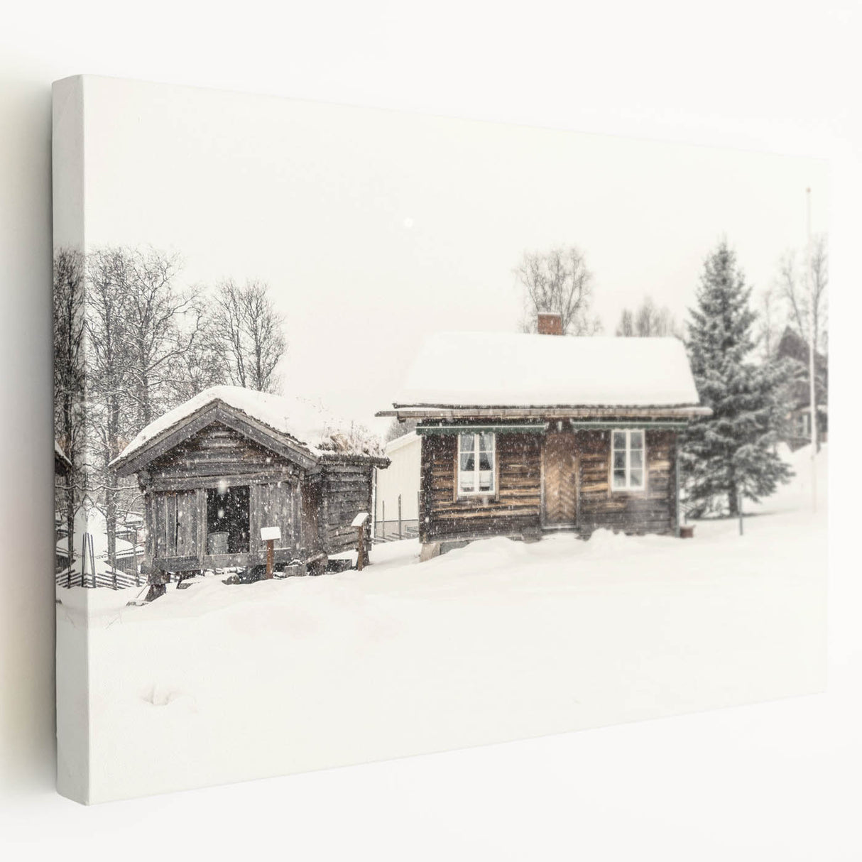 Winter scene with bare trees on stretched canvas, utilizing muted gray and blue tones, ideal for kitchen wall art.