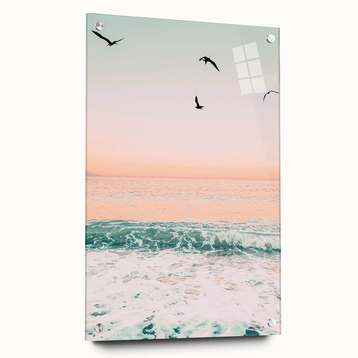 Large abstract wall art on acrylic glass, featuring swirling blue and green tones.