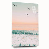 Large abstract wall art in vibrant orange and blue tones on acrylic glass, ideal for bedroom or dining room decor.