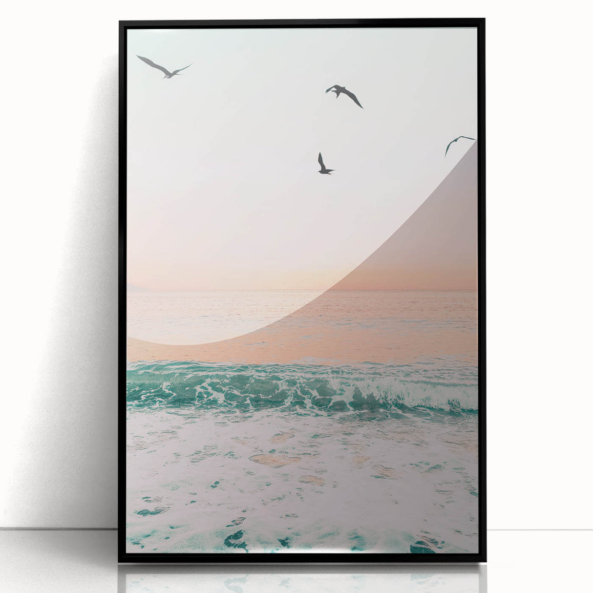 Large abstract wall art featuring mid-century modernist swirls in earth tones, acrylic print framed in black.