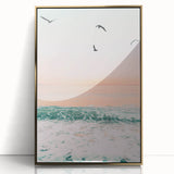 Large art print of a mid-century modernist abstract design in gold and white tones on acrylic.