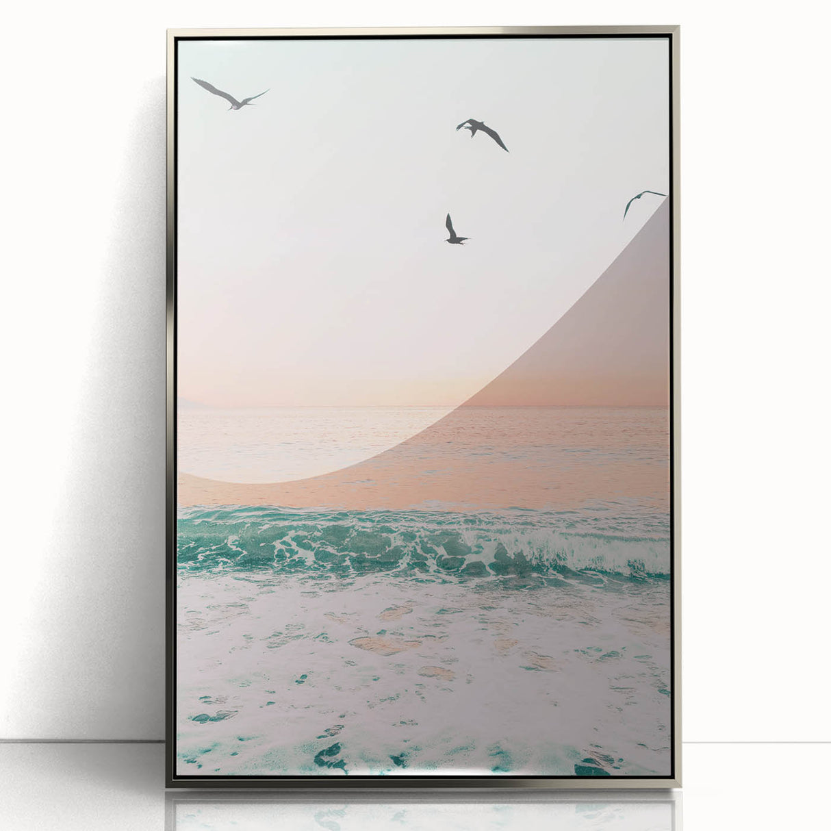 Mid-century modernist art depicting abstract shapes in pastel hues on a silver framed acrylic print.