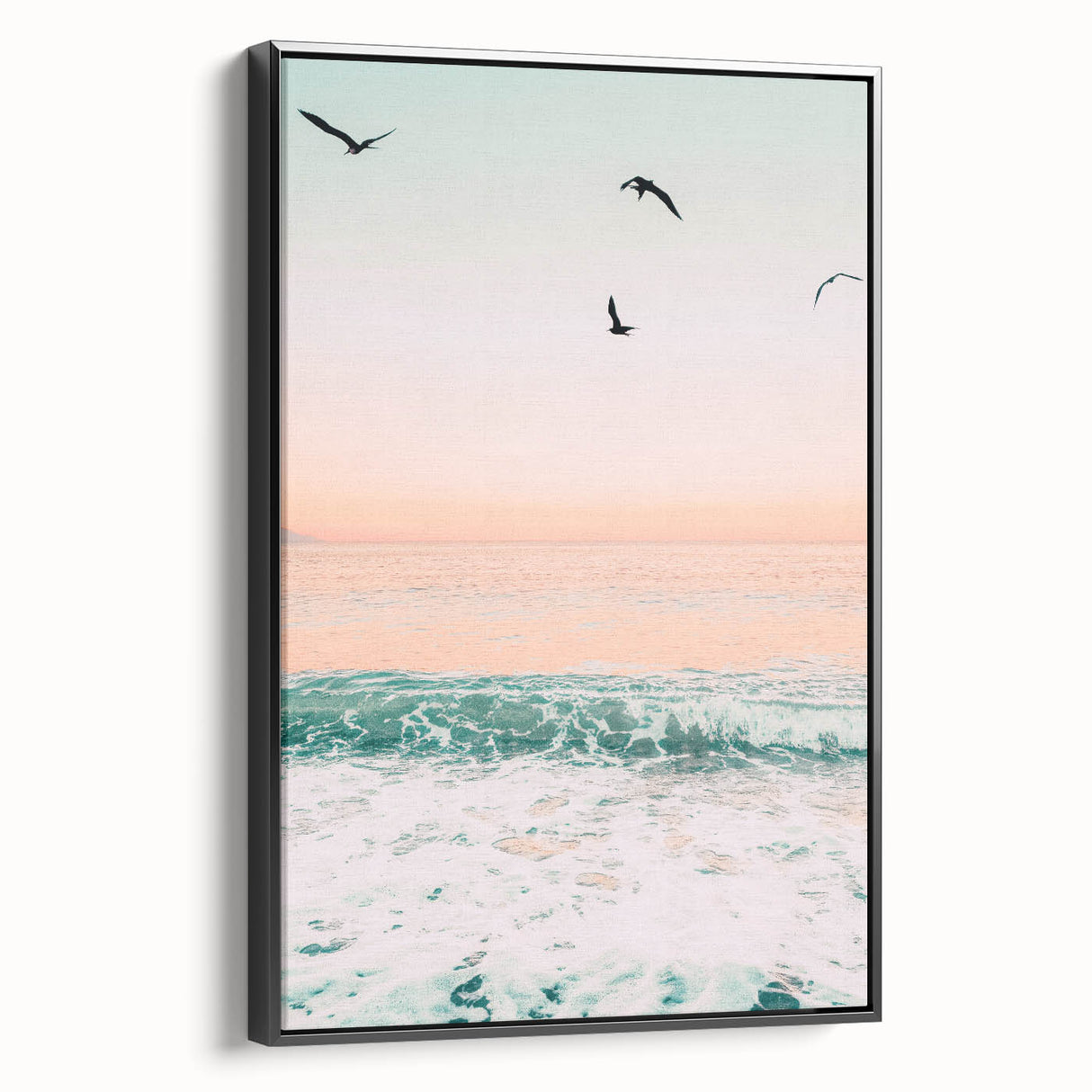 Black and white landscape art painting on framed canvas featuring a vintage poster design, ideal for bedroom wall decor.