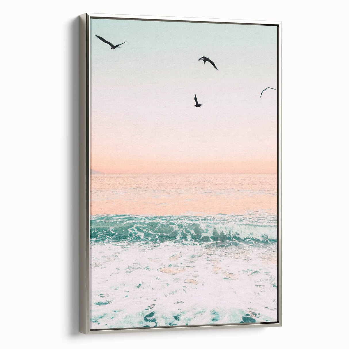 Landscape art painting featuring a vintage poster design of a colorful, abstract countryside on a silver-framed canvas.