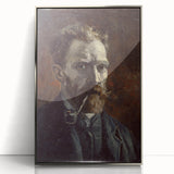 Mid-century modernist art depicting abstract shapes in blue and grey tones on a silver-framed acrylic print.