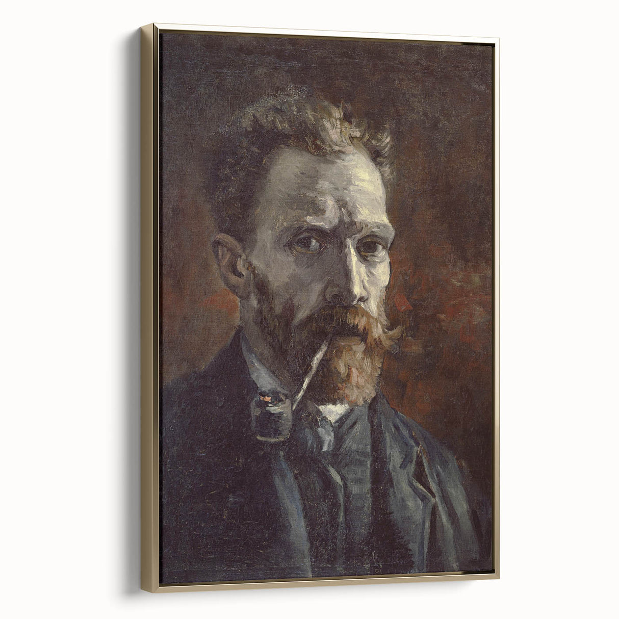 Side view of a framed canvas featuring a Van Gogh-inspired landscape painting in muted earth tones.