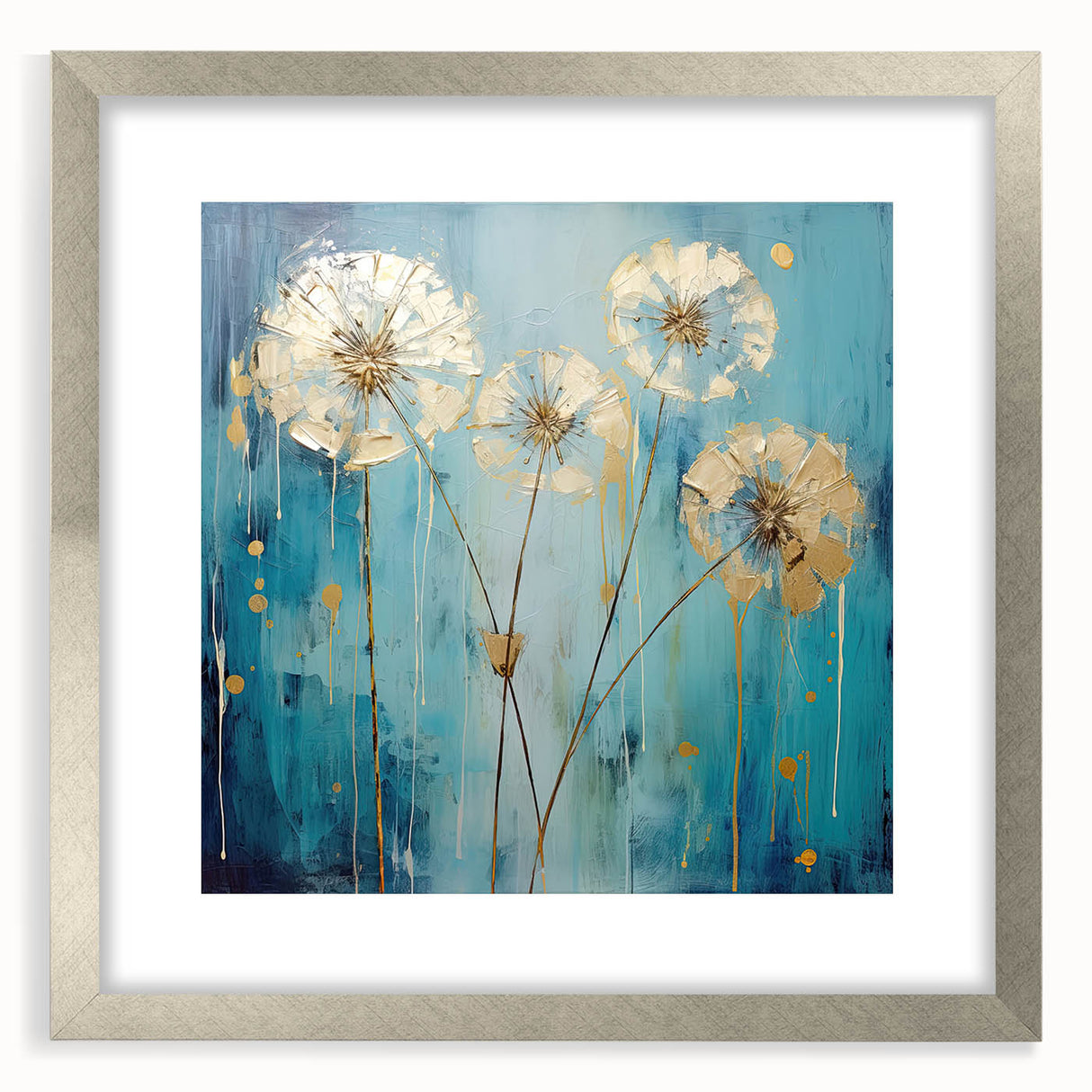 Abstract floral frame with a silver mat, showcasing vibrant colors and intricate designs, ideal for modern home decor or art collections. Perfect for enhancing interiors with a touch of elegance.