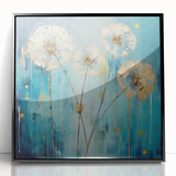 Framed acrylic artwork featuring abstract floral designs in vibrant colors, showcased in a sleek black frame, ideal for modern home decor.