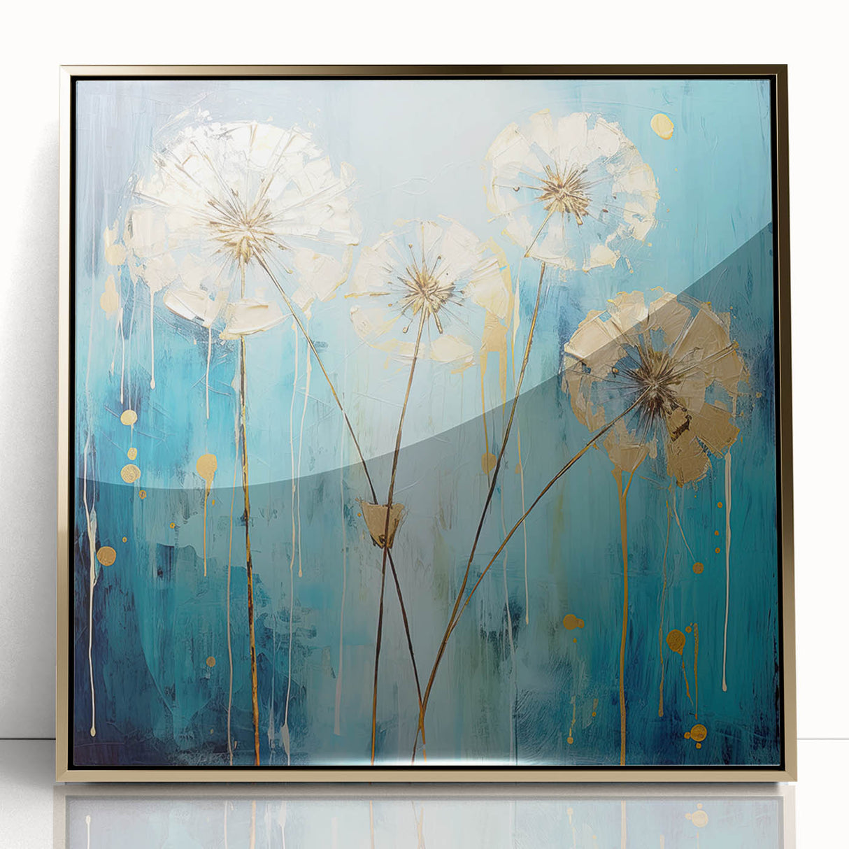 Framed acrylic artwork showcasing an abstract floral design in vibrant colors, accented with gold detailing. Ideal for modern home decor and art enthusiasts.