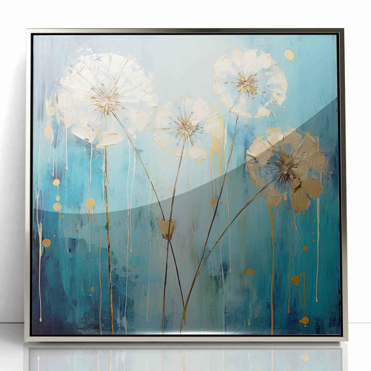 Framed acrylic artwork showcasing an abstract floral design in vibrant colors, featuring a sleek silver frame, perfect for modern home decor.