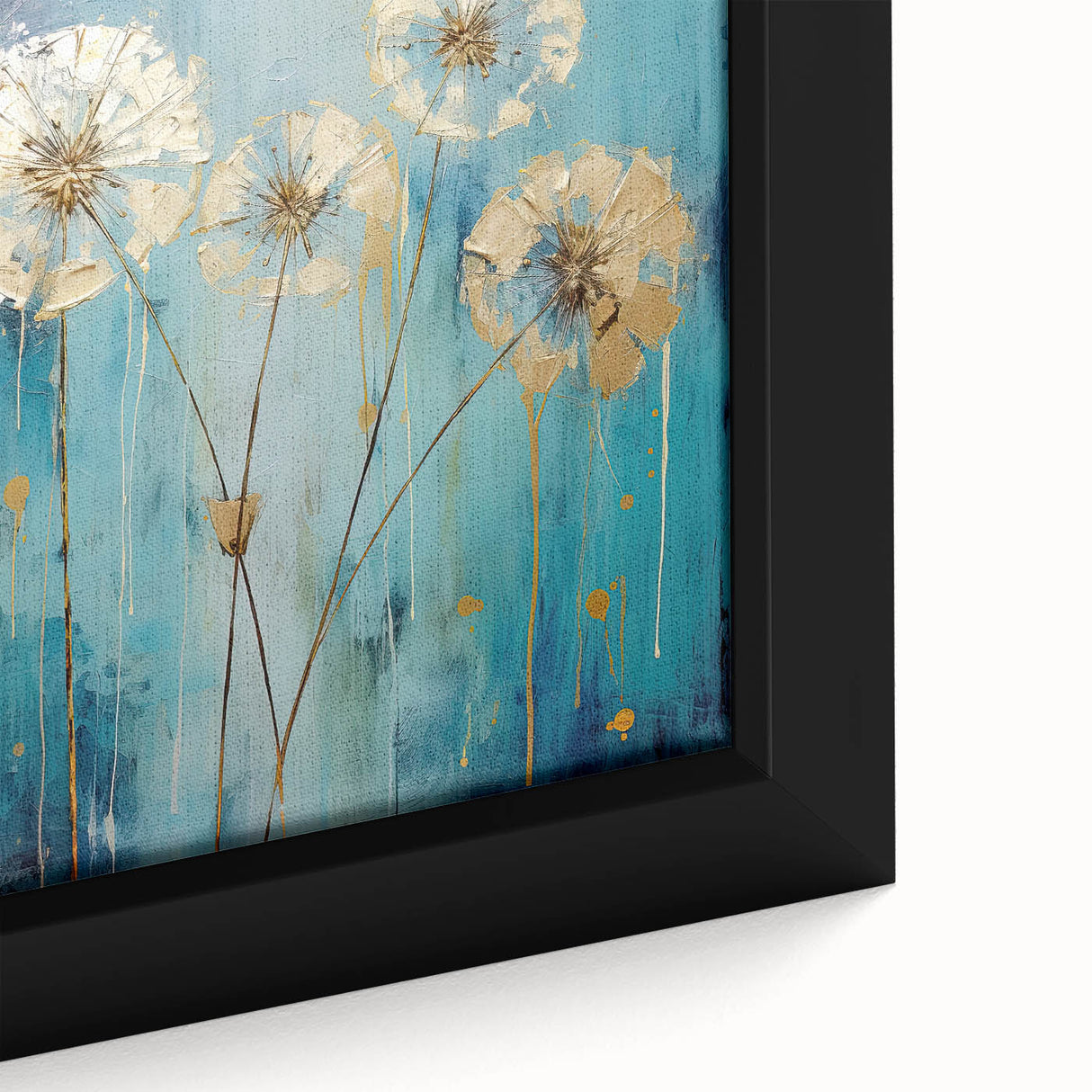 Close-up of a framed canvas showcasing vibrant abstract floral designs in bold colors, perfect for modern home decor. The intricate details highlight the artistic texture and depth of the artwork, enhancing any living space.