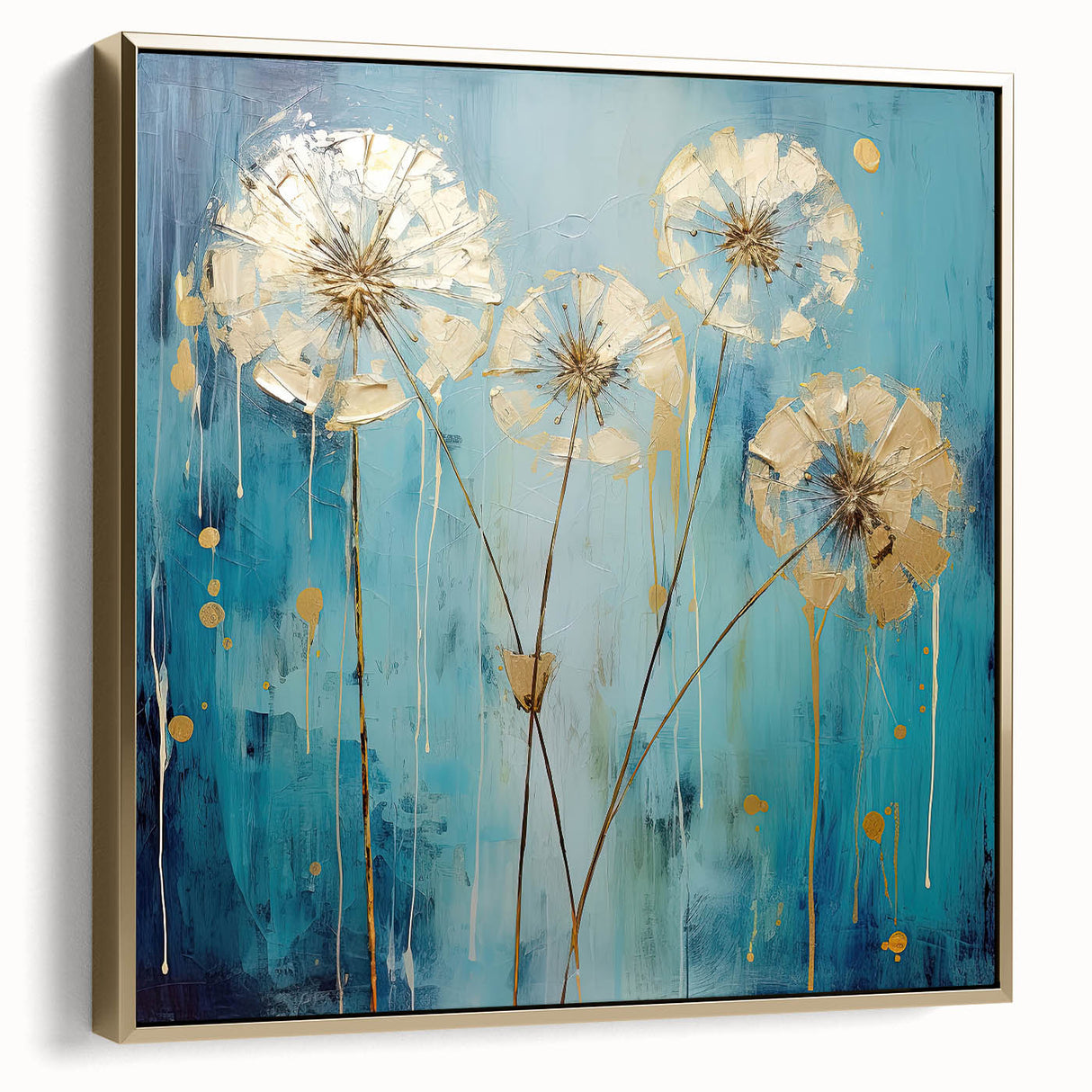 Framed canvas artwork featuring abstract floral designs in silver and gold tones, set against a neutral background, perfect for modern home decor.