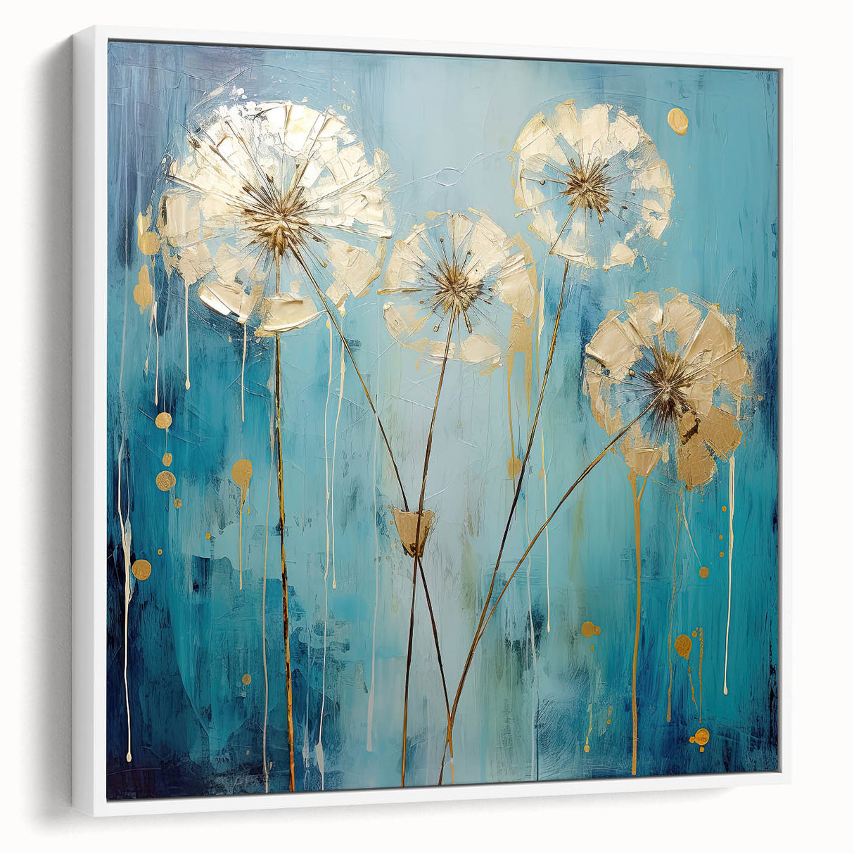 Framed canvas artwork showcasing an abstract floral design in vibrant colors, elegantly displayed against a white background. Perfect for modern home decor.