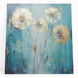 Stretched canvas artwork featuring vibrant abstract floral designs in shades of pink, blue, and green, perfect for modern home decor and artistic enhancement.