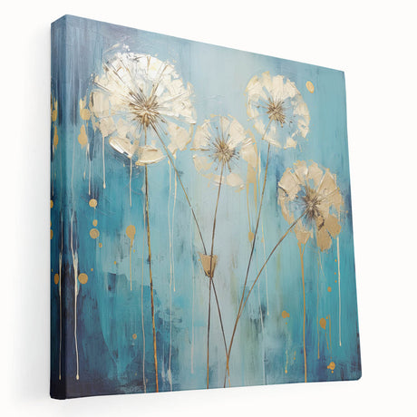 Abstract floral stretched canvas artwork showcasing vibrant colors and intricate patterns, displayed in a side view to highlight its depth and texture. Ideal for modern decor.