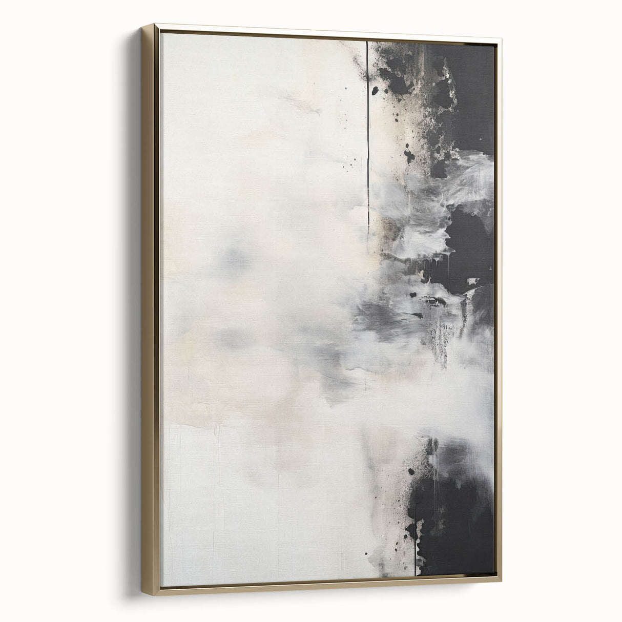 Framed minimalist wall art canvas showcasing an abstract gold design, elegantly displayed from the side to highlight its sleek profile and modern aesthetic.