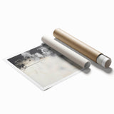 Abstract minimalist wall art print featuring soft pastel colors and geometric shapes, elegantly rolled and packaged in a protective cardboard tube for easy display.