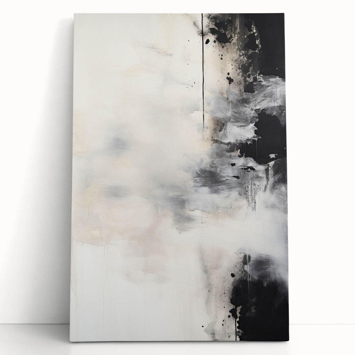 Abstract minimalist wall art on stretched canvas, showcasing soft earth tones and geometric shapes, elegantly leaning against a neutral background, perfect for modern decor.