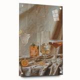 Large abstract wall art on acrylic glass depicting swirling shades of blue and gray, suitable for dining or bedroom decor.