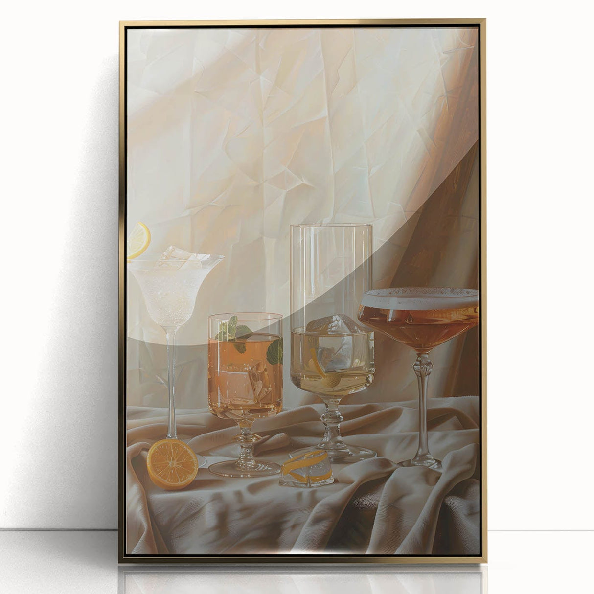 Large art print of mid-century modernist food and drinks, in gold tones on acrylic, ideal for modern kitchen decor.
