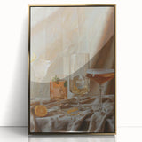 Large art print of mid-century modernist food and drinks, in gold tones on acrylic, ideal for modern kitchen decor.