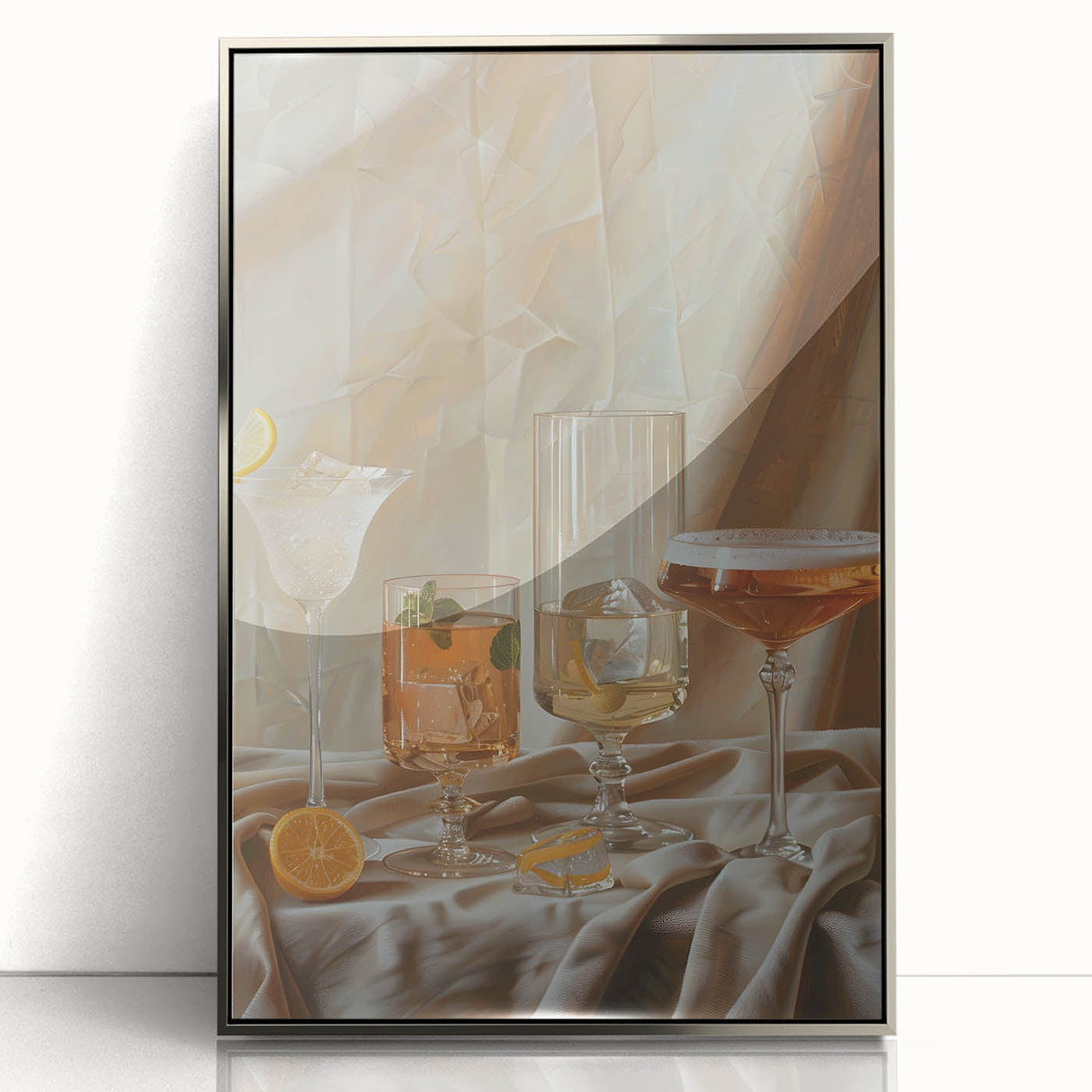 Mid-century modernist art poster featuring a stylized cocktail, in vibrant orange and turquoise hues, acrylic framed.