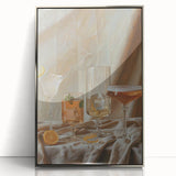 Mid-century modernist art poster featuring a stylized cocktail, in vibrant orange and turquoise hues, acrylic framed.