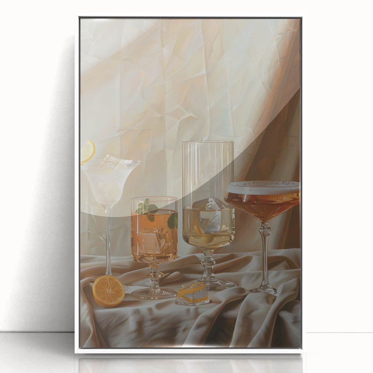 Art deco poster depicting various foods and drinks in bold, geometric style on a white acrylic framed print.