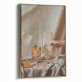 Landscape art painting on framed canvas featuring colorful vintage poster art with black borders.