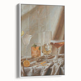Vintage poster art of colorful food and drinks on a white framed canvas, ideal for extra large living room wall decor.