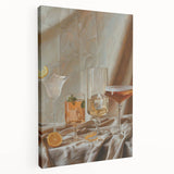 Large stretched canvas featuring a colorful abstract design of food and drinks, ideal for kitchen wall art.