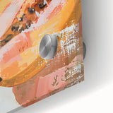 Large abstract wall art featuring assorted fruits in vivid colors on acrylic glass, suitable for dining room decor.