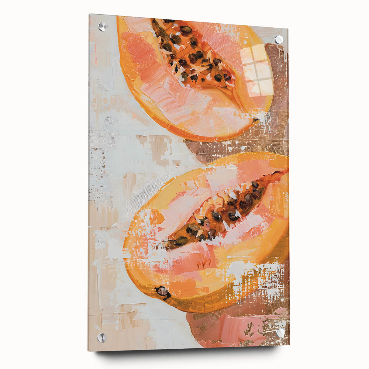 Acrylic print of large abstract fruit motifs in vibrant colors, ideal for dining room wall art.