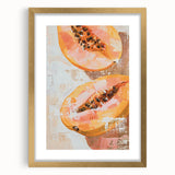 Extra large abstract art print featuring textured fruits in vibrant colors, framed in gold, ideal for living room decor.