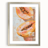 Textured art featuring an abstract design of colorful fruits on a silver-framed canvas, ideal for bedroom art.