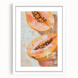 Abstract art print featuring an assortment of fruits in vibrant colors on a white framed mat, ideal for dining room decor.