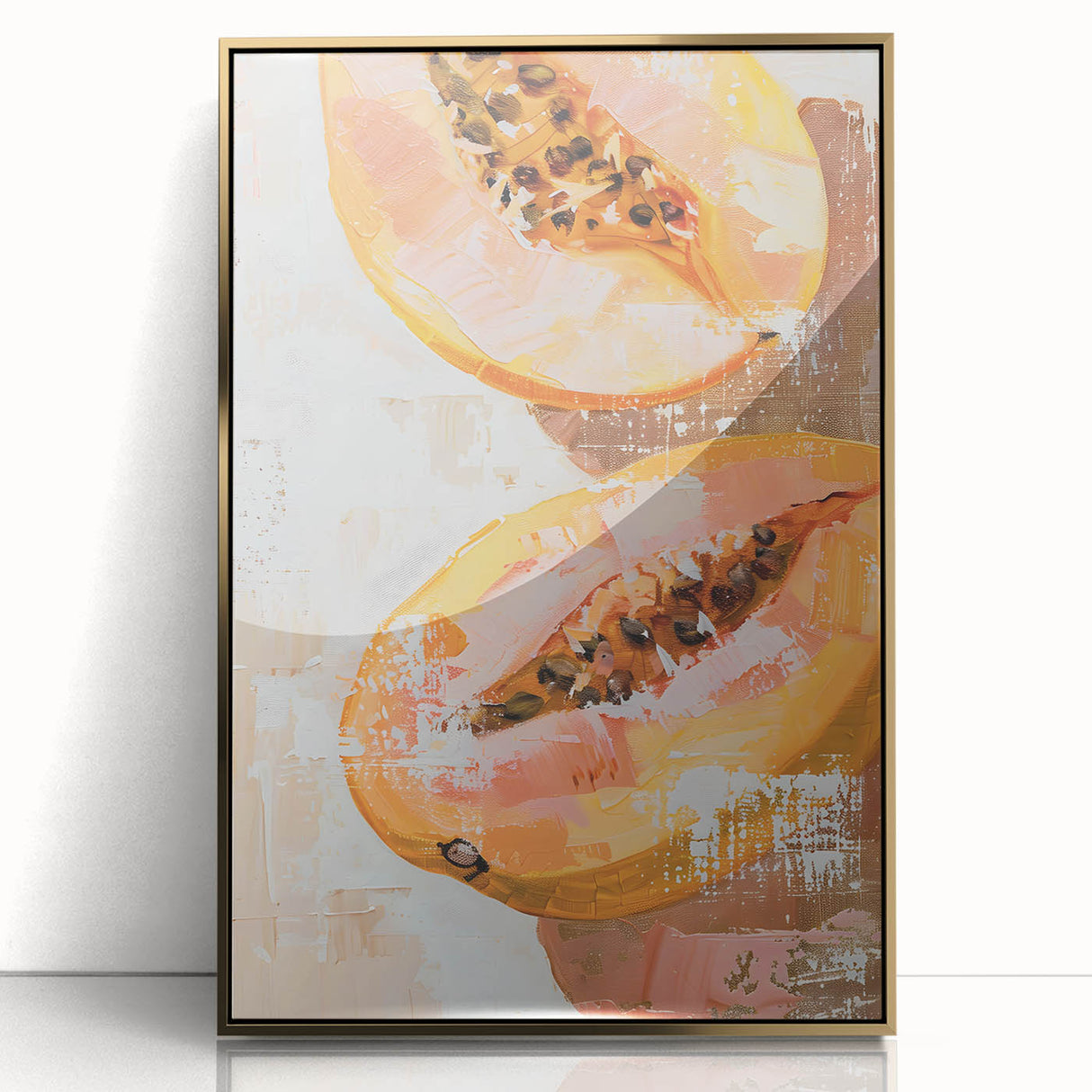 Large acrylic print of assorted fruits in a mid-century modernist style, framed in gold, suitable for nursery wall art.