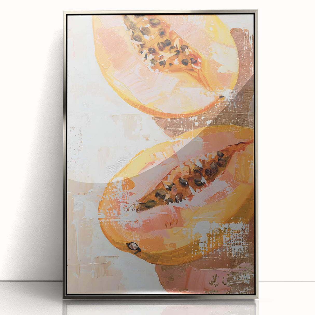 Mid-century modernist acrylic print of colorful fruits, framed in silver, suitable for modern nursery decor.