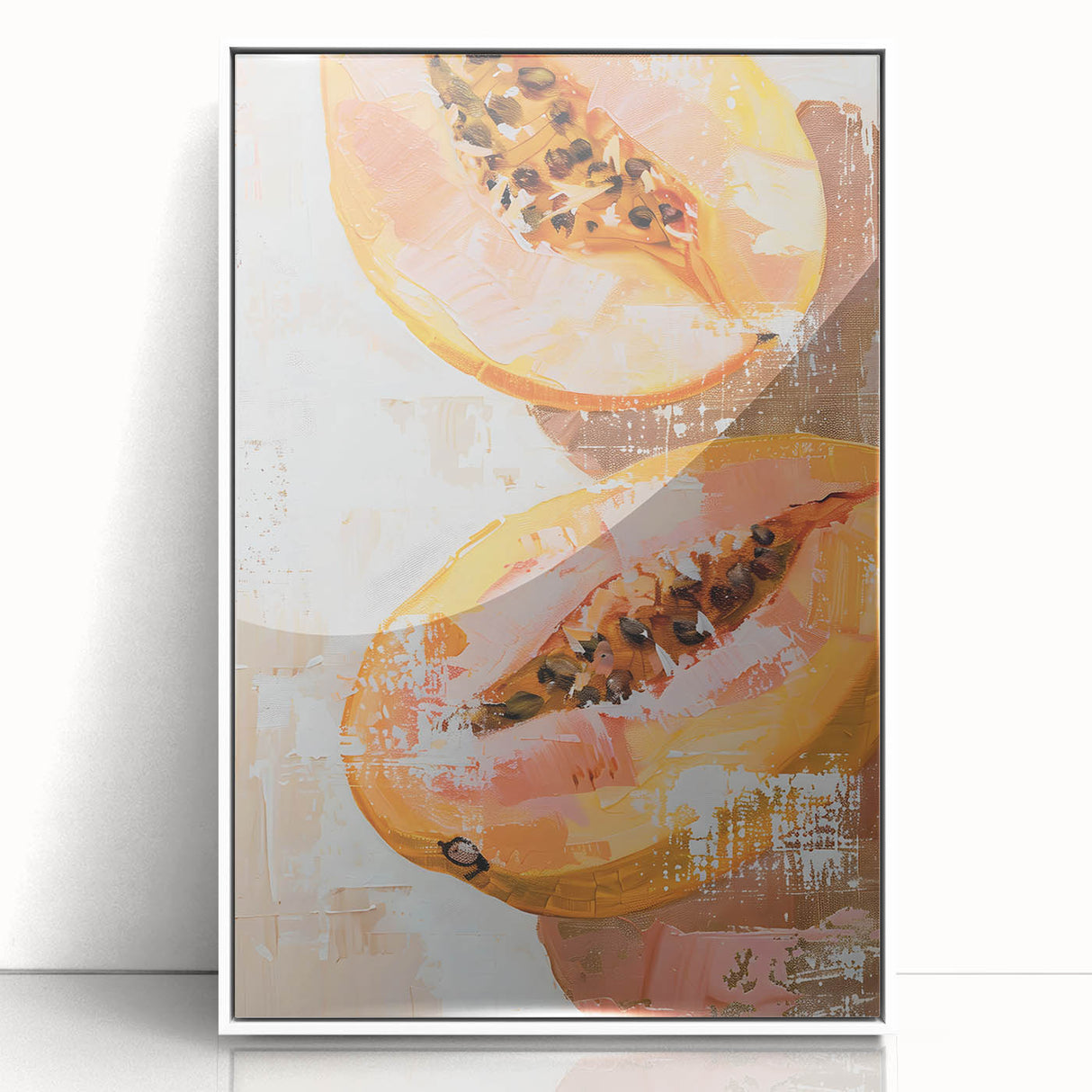 Acrylic print of colorful fruits in art deco style, framed in white, suitable for modern nursery wall decor.