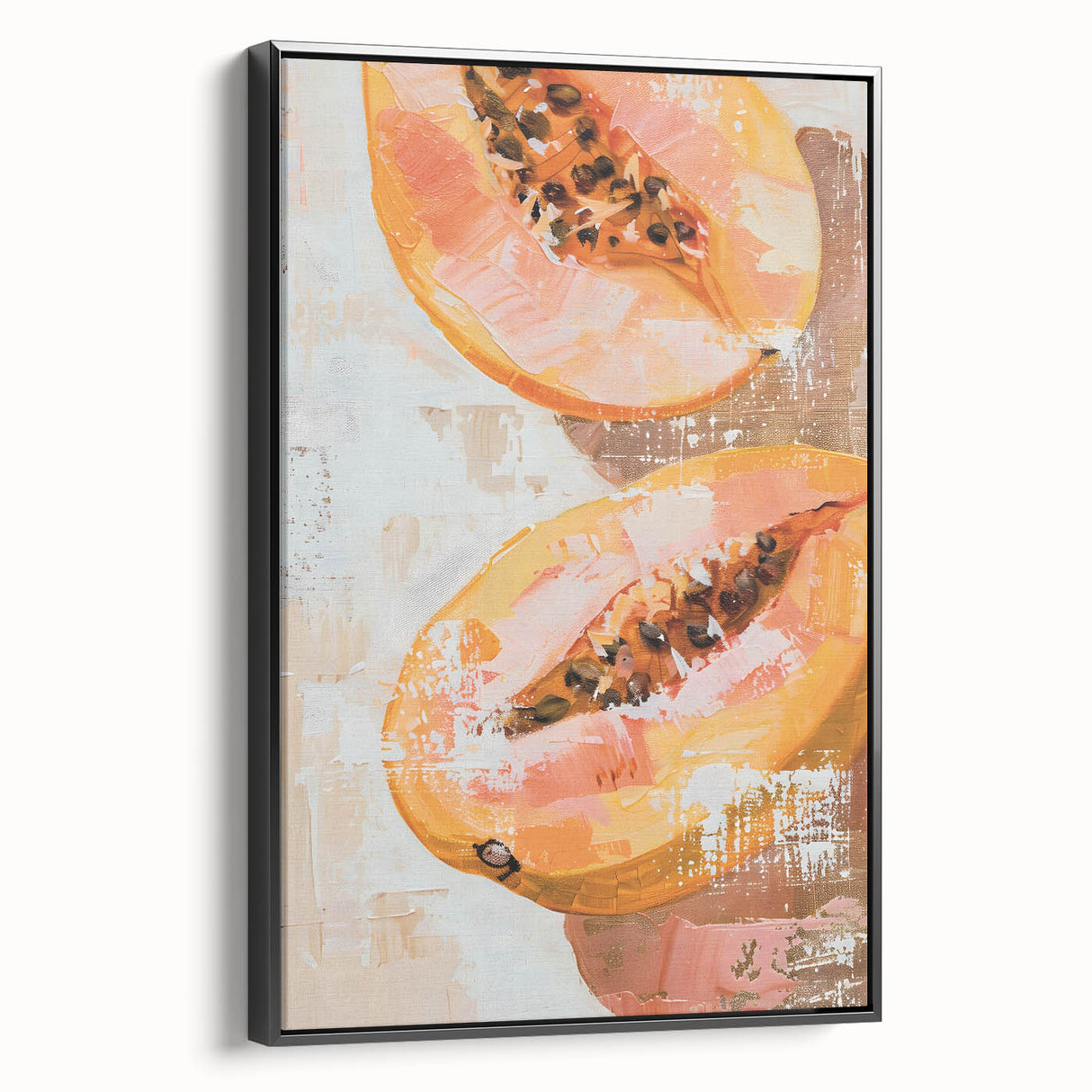 Black and white framed canvas featuring a vintage poster art style landscape with assorted fruits.