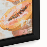 Close-up of black wall art featuring colorful, textured fruits on extra large framed canvas, ideal for living room decor.