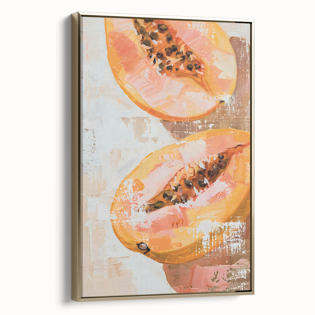 Framed canvas depicting a vintage poster of assorted fruits in muted colors, ideal for bedroom wall art.