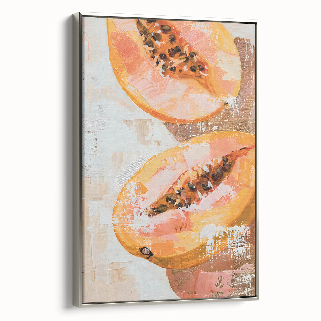 Framed canvas of vintage poster art featuring colorful fruit arrangements on a black background, suitable for kitchen decor.