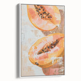 Vintage poster art of colorful fruits on a black background, framed canvas, ideal for living room decor.