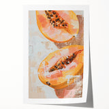Rolled print of assorted fruits in vibrant colors on a white background, ideal for art wall dining room decor.